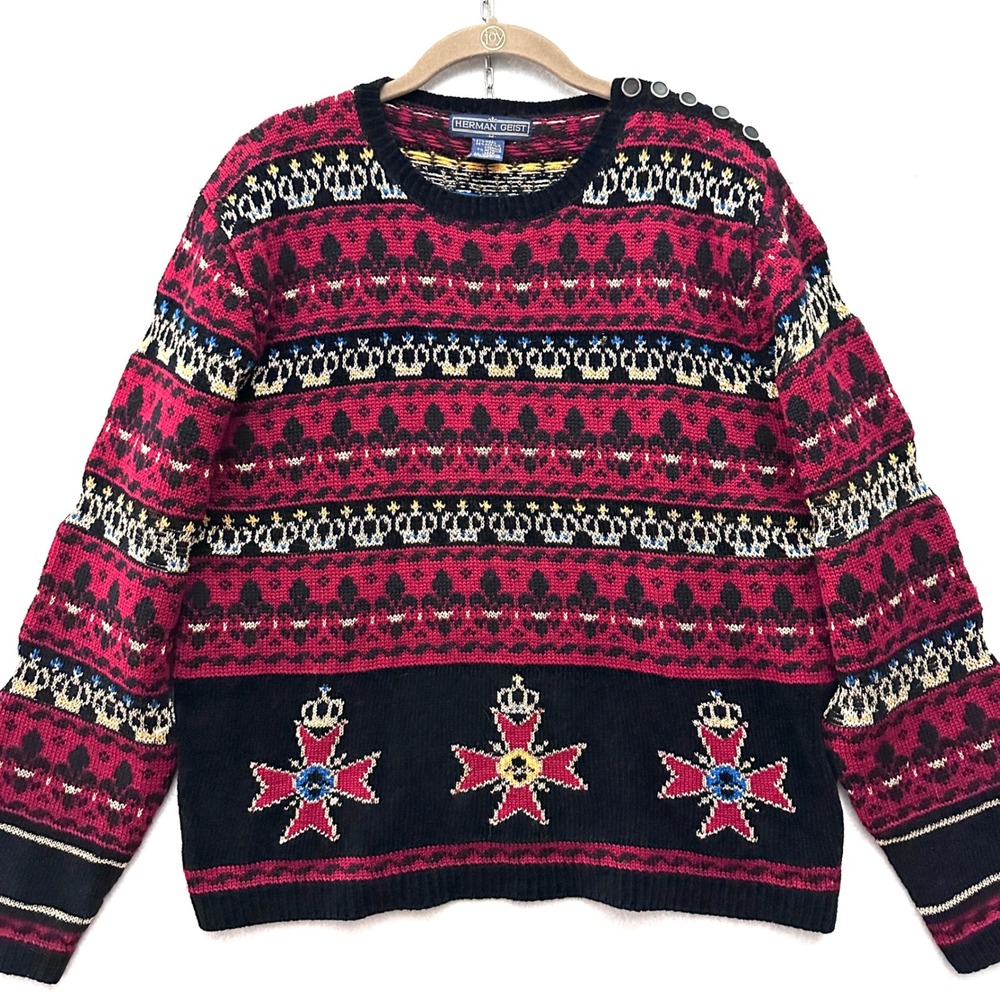 Herman Geist M Vintage Wool Heraldic Crown Crest Fleur De Lis Button Sweater
